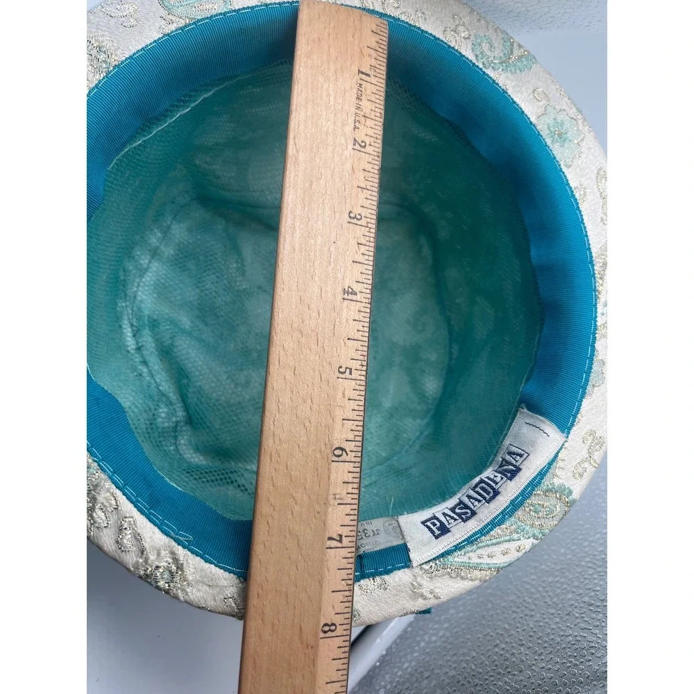 Vintage Cloche Bucket Hat Cream Teal Paisley‎ 40's pasadena USA